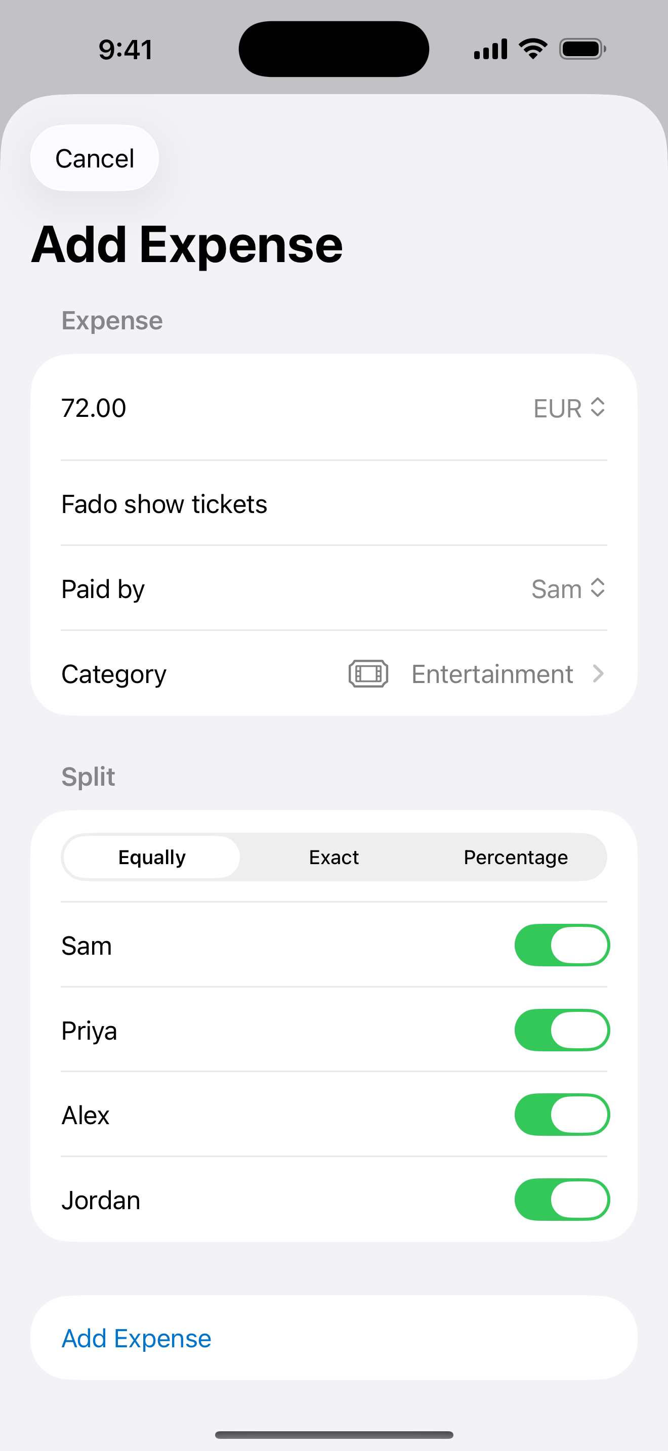 Add expense screen with split options