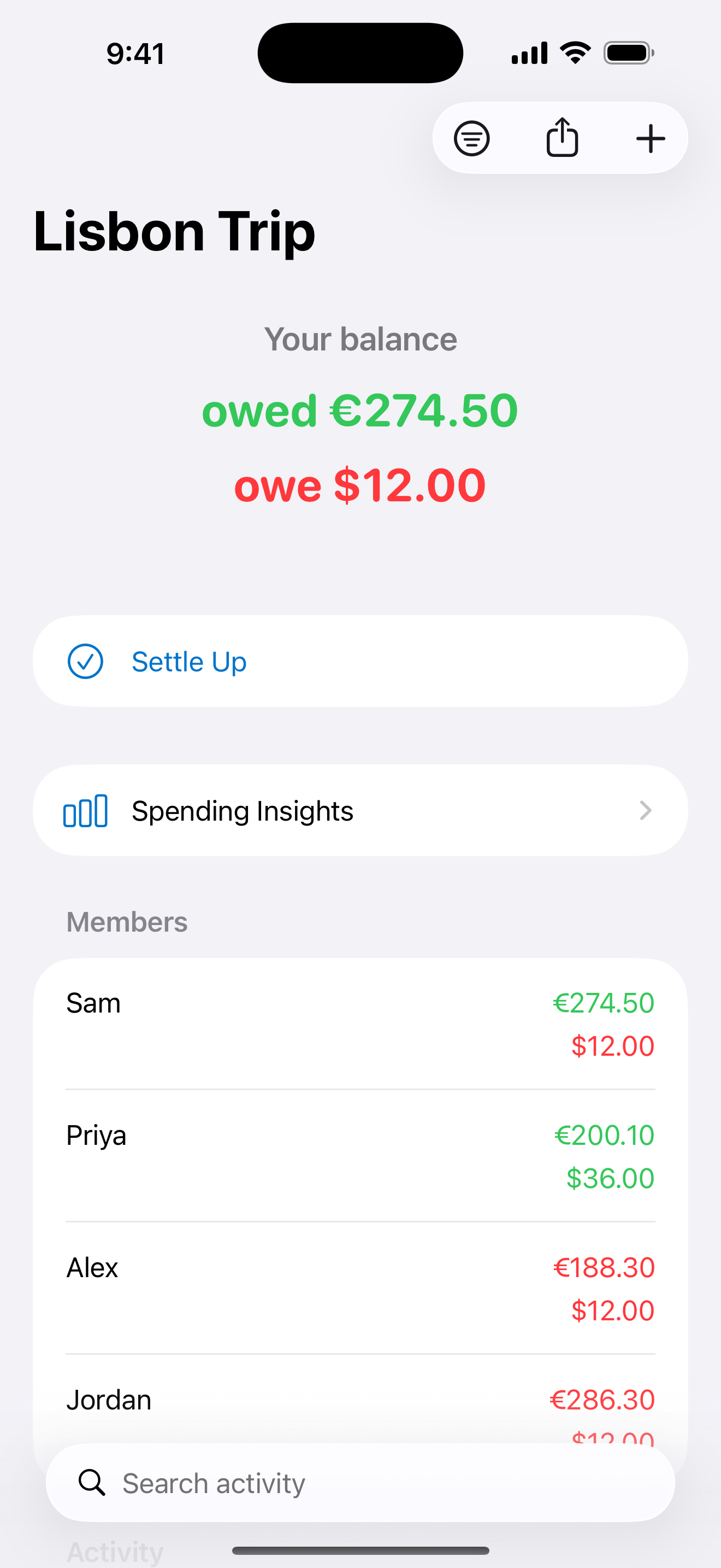 ClanTab group screen showing per-currency balances and recent activity