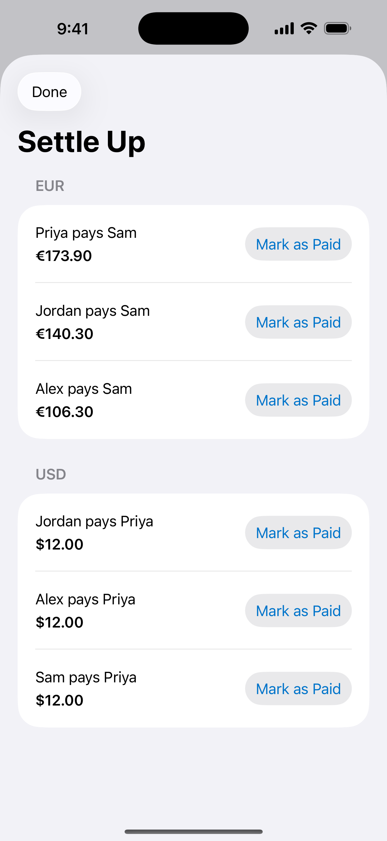 Settle up screen showing the minimal payment plan